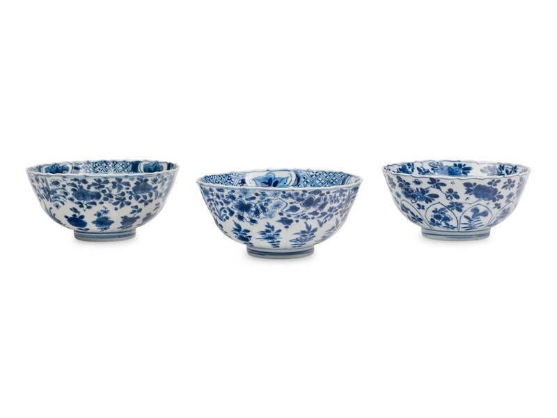 Three Chinese Export Blue and White Porcelain Bowls