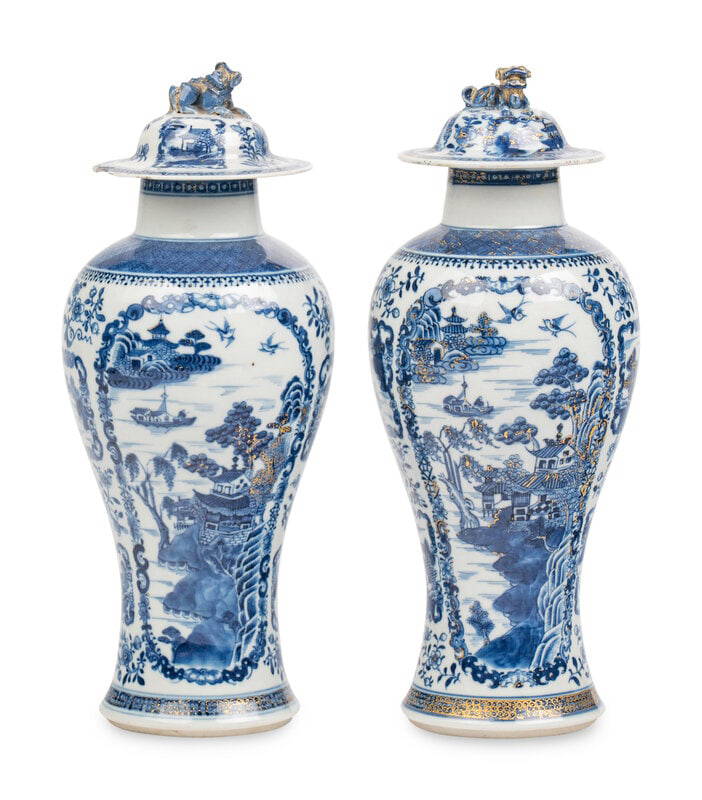 A Pair of Chinese Export Blue and White Porcelain Covered Vases