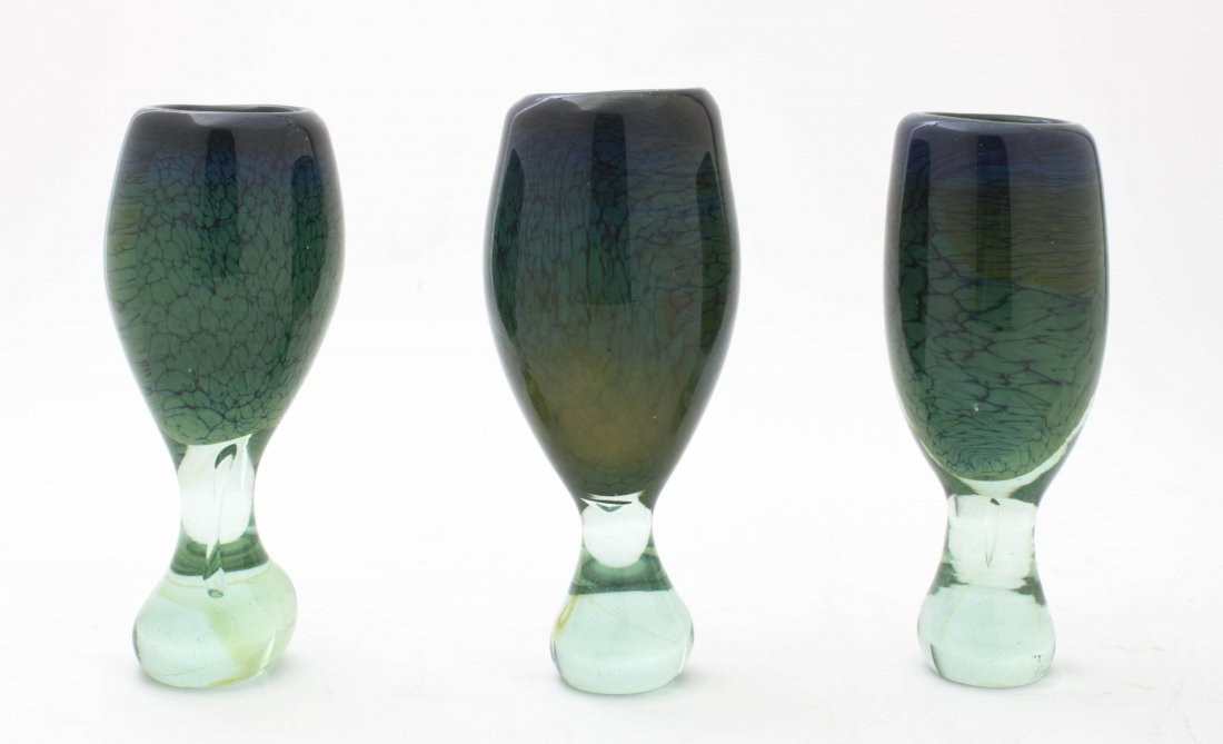 Three Studio Glass Goblets, Kent Ipsen, Height of talle: Three Studio Glass Goblets, Kent Ipsen, each signed Ipsen. Height of tallest 7 1/4 inches.