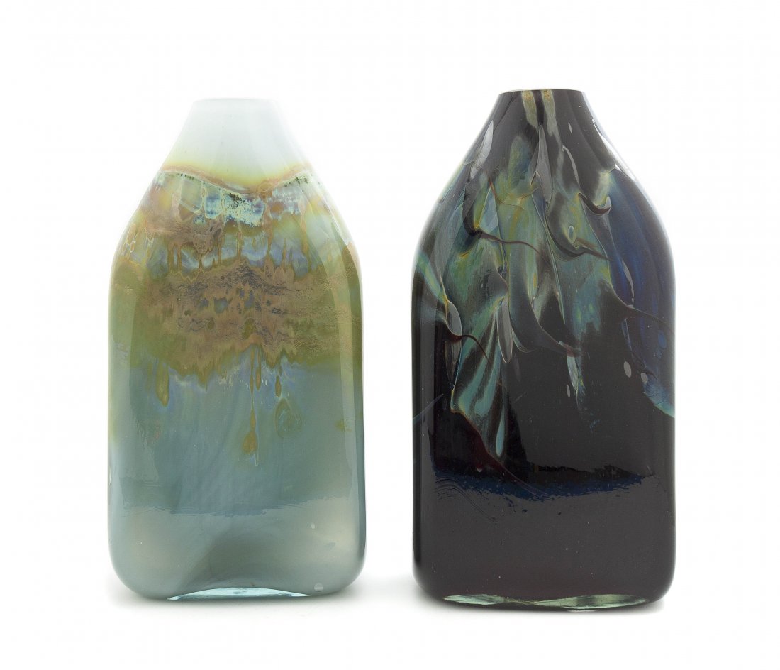 Two Studio Glass Vases, Kent Ipsen, Height of tallest 1: Two Studio Glass Vases, Kent Ipsen, each of flattened bottle form, dated 1975. Height of tallest 15 inches.
