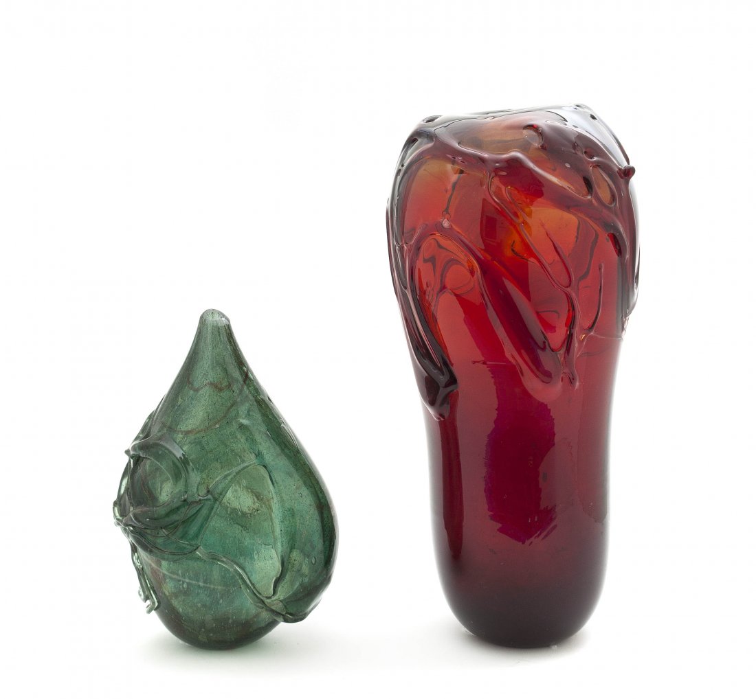 Two Studio Glass Vases, Kent Ipsen, Height of tallest 1: Two Studio Glass Vases, Kent Ipsen, each with applied organic decoration, one dated 1970. Height of tallest 15 3/4 inches.