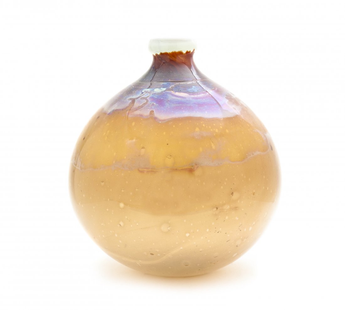 A Studio Glass Vase, Kent Ipsen, Height 14 inches.: A Studio Glass Vase, Kent Ipsen, of ovoid bottle form with iridescence. Height 14 inches.