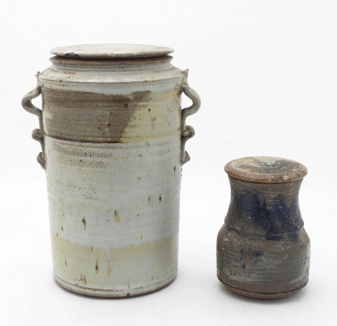 Two Studio Ceramic Articles, Don Reitz, Height of first: Two Studio Ceramic Articles, Don Reitz, comprising two lidded vessels, one of cylindrical form, the other of baluster form. Height of first 11 1/4 inches.