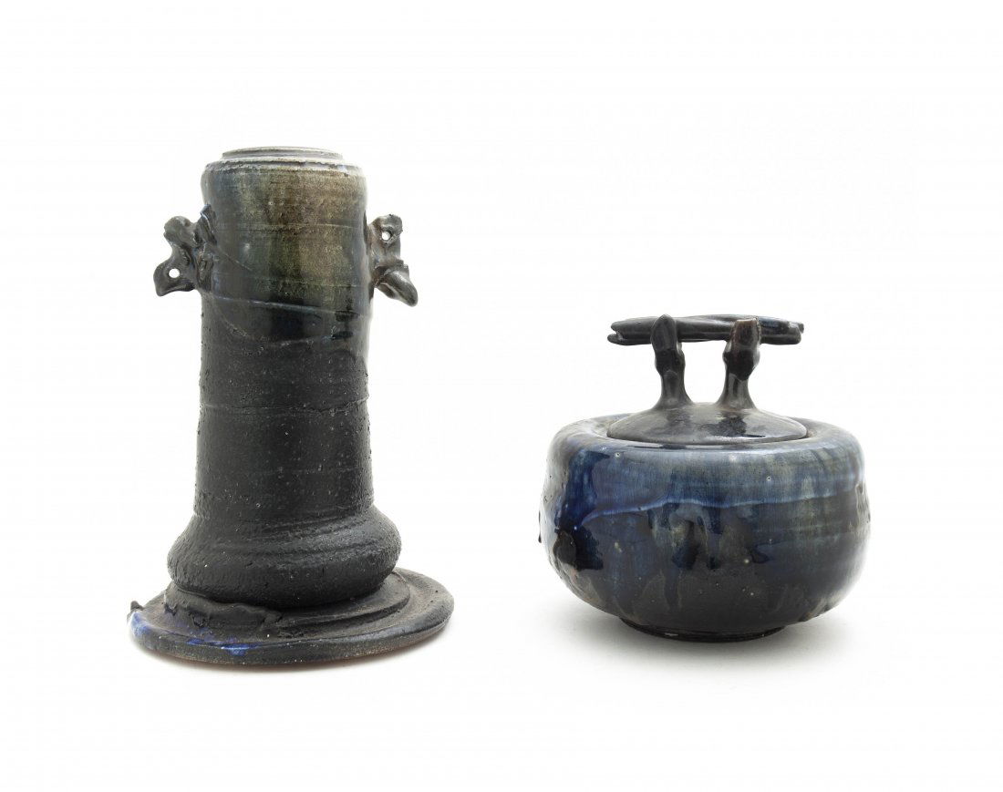 Two Studio Ceramic Articles, Don Reitz, Height of talle: Two Studio Ceramic Articles, Don Reitz, comprising a lidded pot together with an elongated vase. Height of tallest 9 1/2 inches.