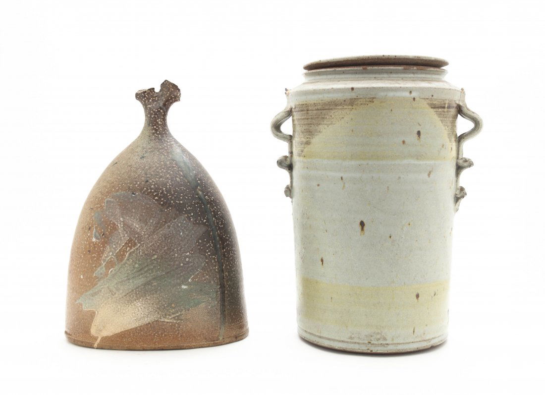 Two Studio Ceramic Articles, Don Reitz, Height of talle: Two Studio Ceramic Articles, Don Reitz, comprising a bell shaped object and a large double-handled vase. Height of tallest 13 1/2 inches.
