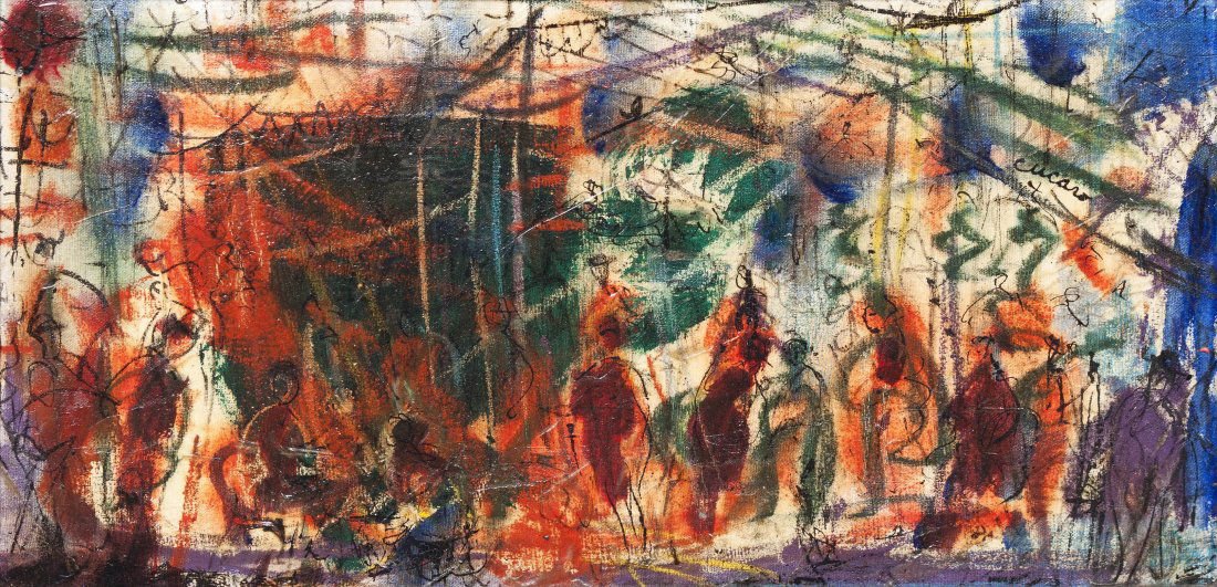 Pascal Cucaroáá, (American, 1915-2004), Bazaar: Pascal Cucaroáá (American, 1915-2004) Bazaar oil on canvas signed Cucaro (upper right) 11 3/4 x 23 2/4 inches. Property from the Collection of Margaret Goldman, M.D, Milwaukee, Wiscon