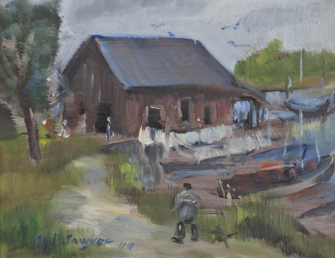 Philip Ayer Sawyer, (American, 1877-1949), Heading to t: Philip Ayer Sawyer (American, 1877-1949) Heading to the Boats, 1944 oil on masonite signed Phil Sawyer and dated (lower left) 7 x 9 inches.