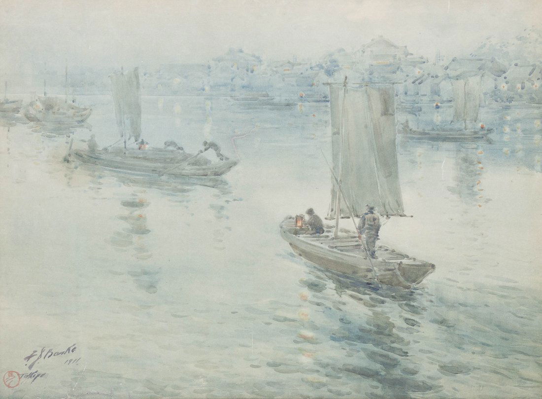 Yamada Baske, (Japanese/American, 1869-1934), Sail Boat: Yamada Baske (Japanese/American, 1869-1934) Sail Boats at Twilight, 1911 watercolor singed Y. Baske and dated (lower left) 24 1/2 x 18 inches. Property from the Collection of Mr. Ray