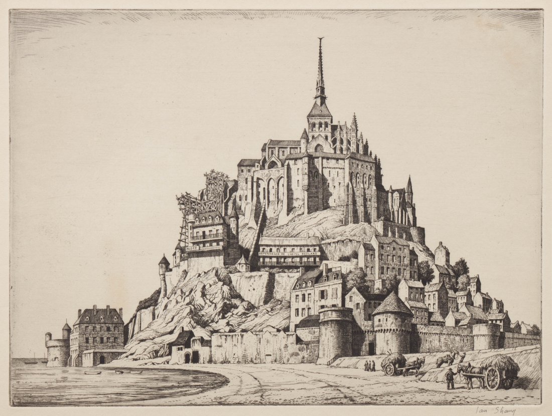 Ian Strang, (British, 1886-1952), Mont. St. Michael: Ian Strang (British, 1886-1952) Mont. St. Michael etching edition 4/50, signed Ian Strang and titled (lower right) 10 3/8 x 13 3/8 inches.