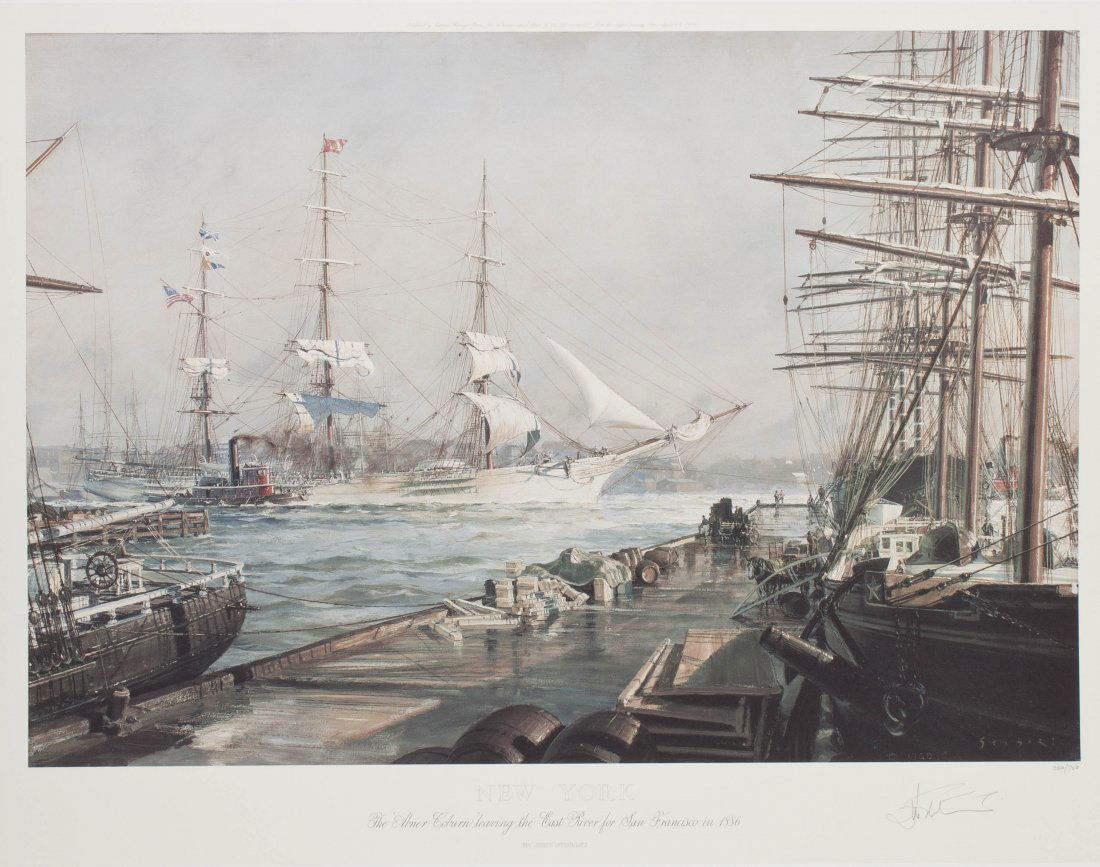John Stobart, (British, b. 1929), New York, The Abner C: John Stobart (British, b. 1929) New York, The Abner Coburn Leaving the East River for San Francisco in 1886 lithograph edition 560/750, signed John Stobart (lower right) 23 1/2 x 30 1/2 inch