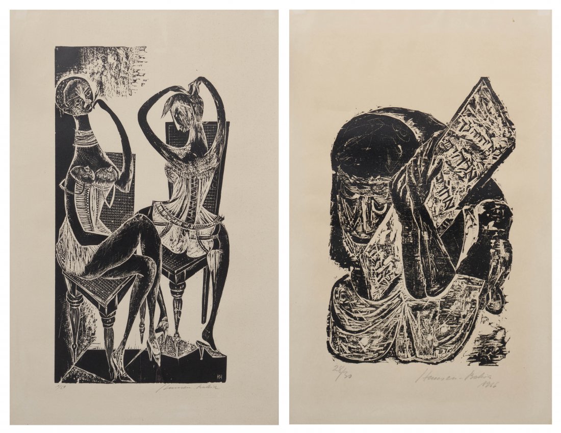 Karl-Heinz Hansen-Bahia, (German, 1915-1978), A pair of: Karl-Heinz Hansen-Bahia (German, 1915-1978) A pair of works titled Two Women and Kneeling woodblocks edition and signed Hansen-Bahia (lower right) Larger: 27 1/2 x 14 inches.<
