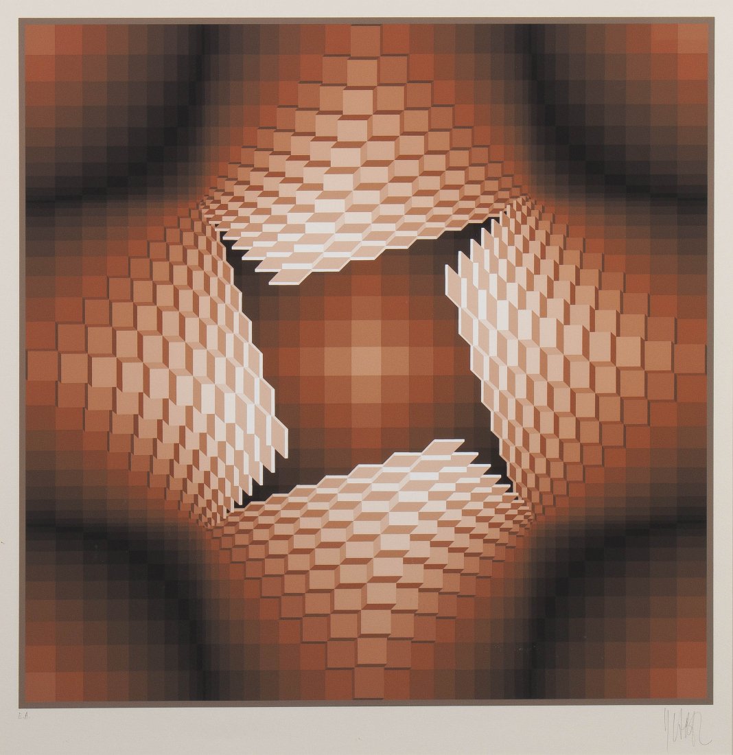 Yvaral (Jean-Pierre Vasarely), (French, 1934-2002), Com: Yvaral (Jean-Pierre Vasarely) (French, 1934-2002) Composition Op Art silkscreen edition EA, signed Yvaral (lower right) 25 x 25 inches. Property from the Collection of Mr. Robert Iven