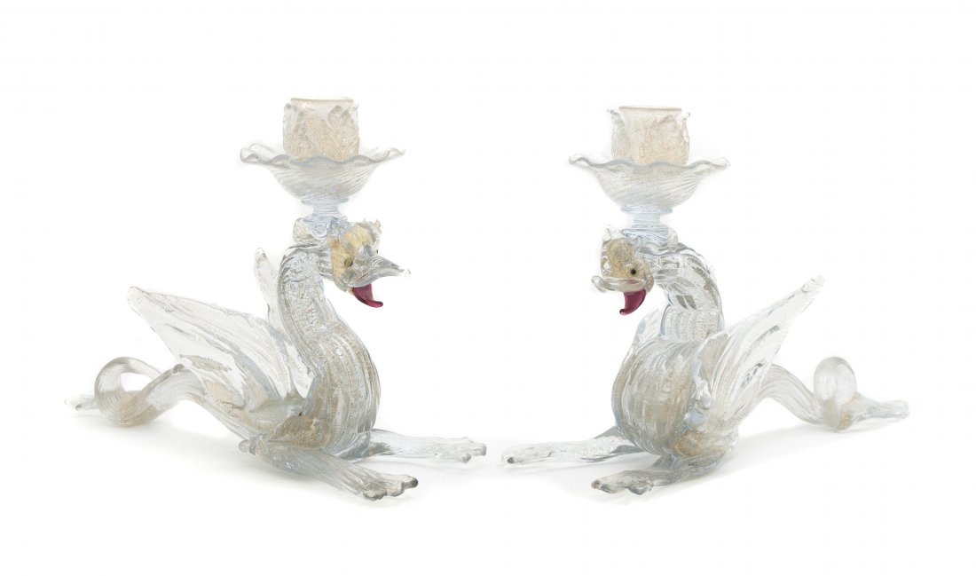 Four Venetian Glass Articles, Height 14 inches.: Four Venetian Glass Articles, comprising a pair of table mirrors of cartouche form and a pair of candlesticks in the form of recumbent dragons. Height 14 inches. Property from the Estate of Pearl Krav
