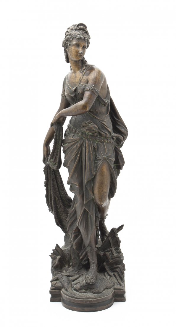 A Bronze Statue of a Female, Height 20 1/2 inches.: A Bronze Statue of a Female, depicted standing with a downcast gaze, holding the folds of her trailing robe. Height 20 1/2 inches. Property from the Collection of Marshall and Natalie Feld, Milwaukee,