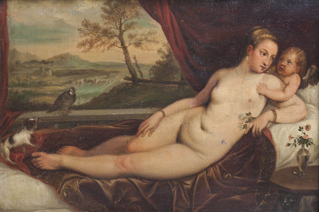 Artist Unknown, (Continental School, 19th century), Rec: Artist Unknown (Continental School, 19th century) Reclining Nude oil on canvas 15 x 22 inches.