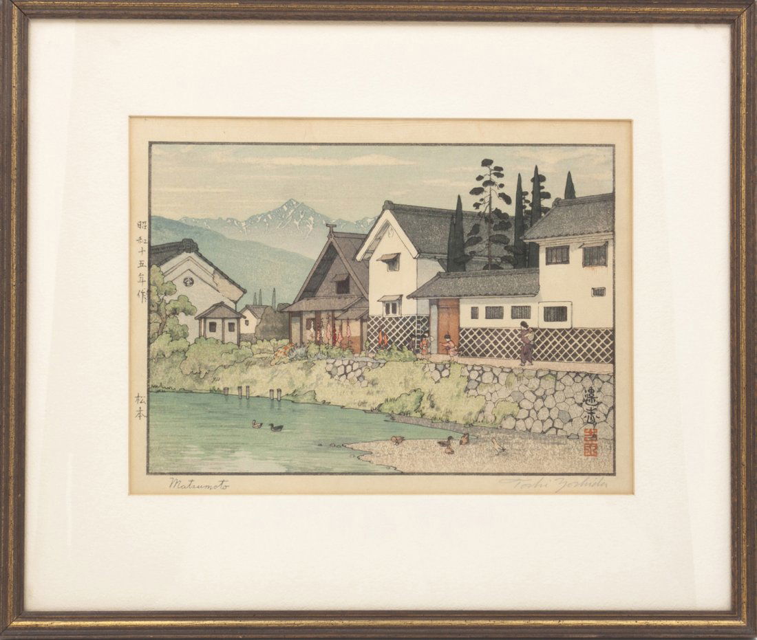 Two Japanese Woodblock Prints, Toshi Yoshida (1911-1995: Two Japanese Woodblock Prints, Toshi Yoshida (1911-1995), Matsumoto, and Village in Harima. Height of larger 9 1/2 x width 14 1/2 inches. Property from the Collection of Robert and Janet Snyde