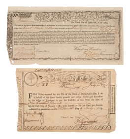 [REVOLUTIONARY WAR]. Group of 2 State of Massachusetts Bay items, comprising a 1780 Continental Army