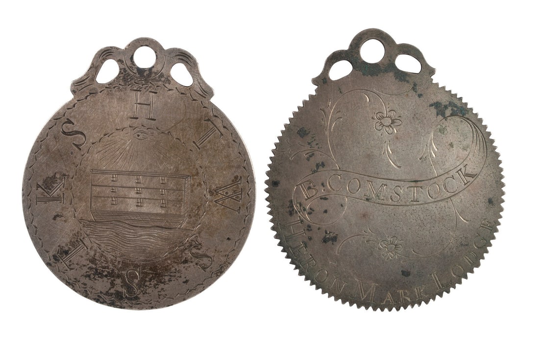 [FRATERNAL ORGANIZATIONS]. Pair of Masonic Master Mark medals from the Heron Mark Lodge. Ca early (1 of 2)