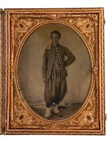 [CIVIL WAR]. Half plate tintype portrait of a Union soldier, likely a Zouave.