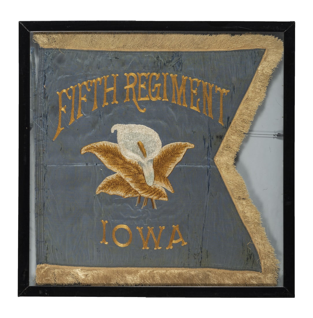 [CIVIL WAR]. Fifth Iowa Infantry or Cavalry regimental flag, possibly a commemorative post-war: [CIVIL WAR]. Fifth Iowa Infantry or Cavalry regimental flag, possibly a commemorative post-war example. Approx. 21 1/2 x 22 1/2 in. embroidered silk flag inclusive of fringe; housed in double-sided fr