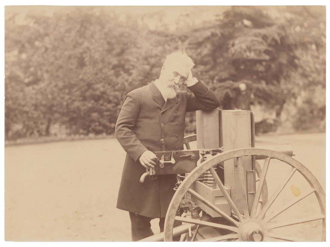 [WEAPONRY]. Photographic archive identified to inventors Hiram and Hudson Maxim.: [WEAPONRY]. Photographic archive identified to inventors Hiram and Hudson Maxim. Collection of more than 60 items, consisting primarily of photographs of brothers and inventors, Hiram and Hudson Maxim