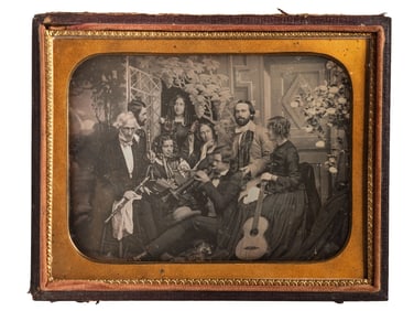 [EARLY PHOTOGRAPHY]. Half plate daguerreotype scene of a group of playful musicians and guests posed