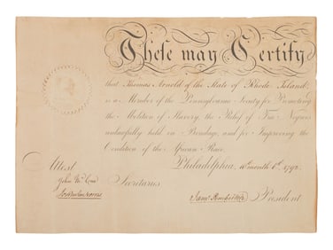 [AFRICAN AMERICANA] -- [ABOLITION]. PEMBERTON, James (1723-1809). Membership Certificate signed