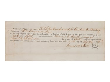 [AFRICAN AMERICANA]. Summons for free person of color William Baynard to appear in court. Caroline
