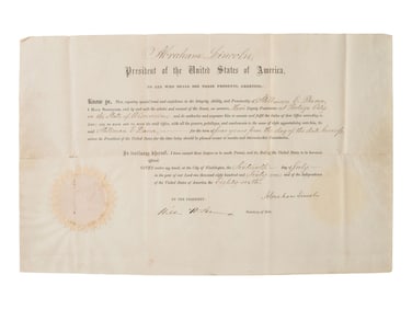 [LINCOLN, Abraham (1809-1865)]. Partially printed document signed as President. Washington, DC, 16