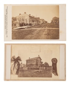 [LINCOLN, Abraham (1809-1865)]. Pair of CDVs featuring mourners outside of the Lincolns' first and