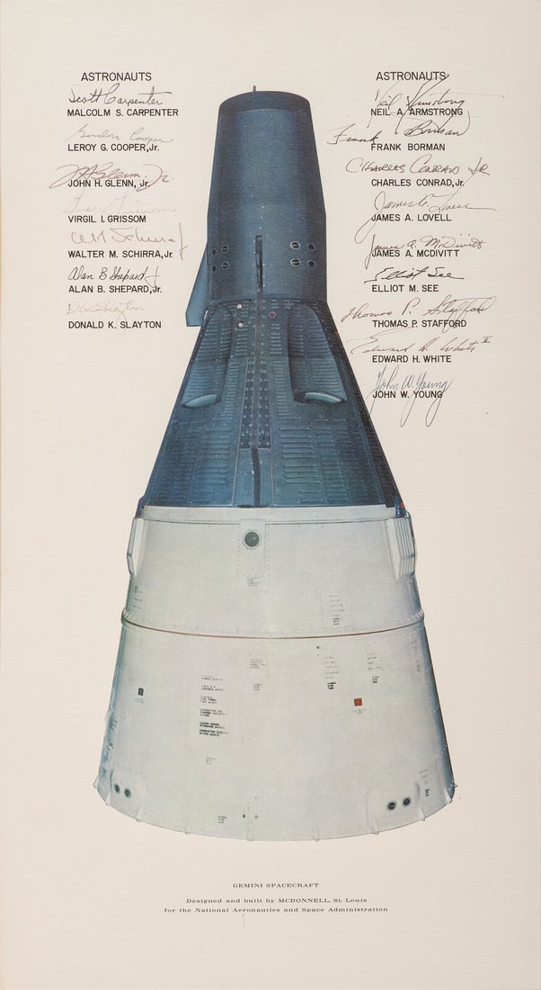 [SPACE EXPLORATION]. Gemini Spacecraft. Lithograph signed by Gemini and Mercury astronauts. (1 of 3)