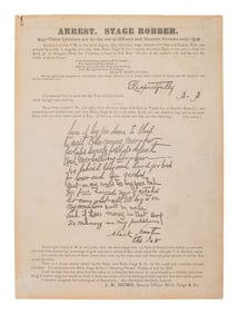 [WESTERN AMERICANA]. Arrest. Stage Robber. Circular issued by J. B. HUME of Wells Fargo & Co.,