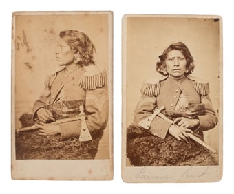 JACKSON, William Henry (1843-1942)]. Two CDVs of a Pawnee scout holding a tomahawk. Omaha, NE.