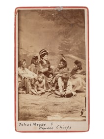 CDV of Pawnee chiefs with Julius Meyer, US interpreter and trader. Ca 1870s.
