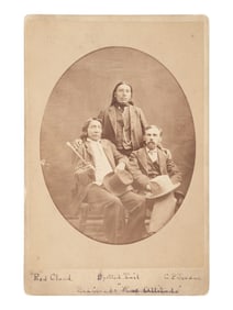 Cabinet card of Red Cloud, Young Spotted Tail, and Charles P. Jordan. Ca 1882.