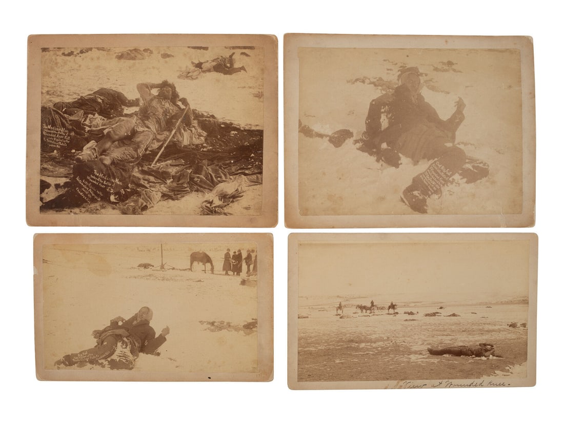 [WOUNDED KNEE]. Four photographs taken in the immediate aftermath of Wounded Knee, incl. views of: [WOUNDED KNEE]. Four photographs taken in the immediate aftermath of Wounded Knee, incl. views of the slain bodies of Chief Big Foot and the Medicine Man. 4 photographs, approx. 5 1/2 x 7 3/8 in. or s