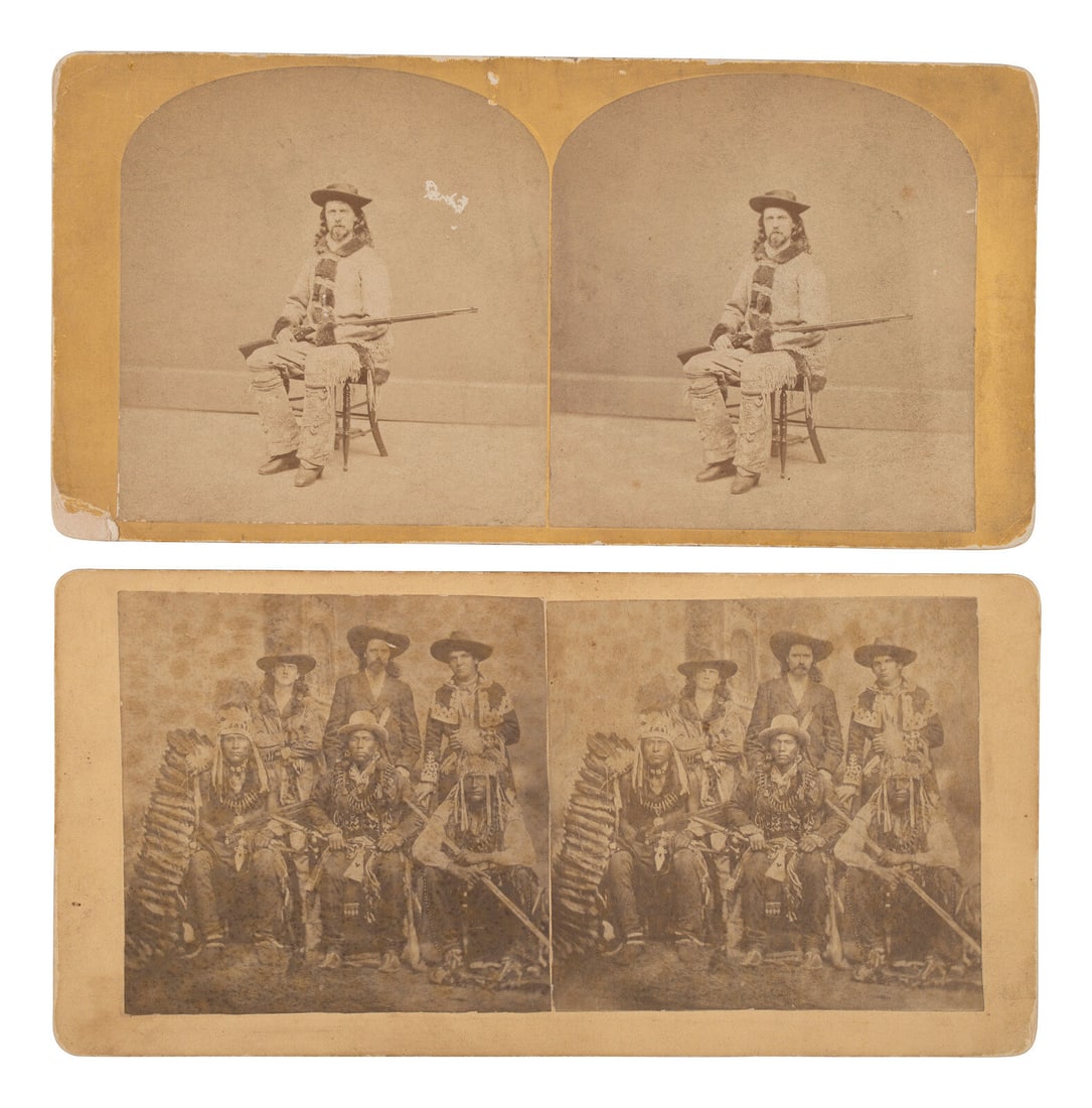 A group of 2 rare stereoviews of William F. "Buffalo Bill" Cody, incl. the showman with his: A group of 2 rare stereoviews of William F. "Buffalo Bill" Cody, incl. the showman with his Creedmore rifle and a group portrait with Pawnee Indians and interpreters. Stereoview showing a seated Willi