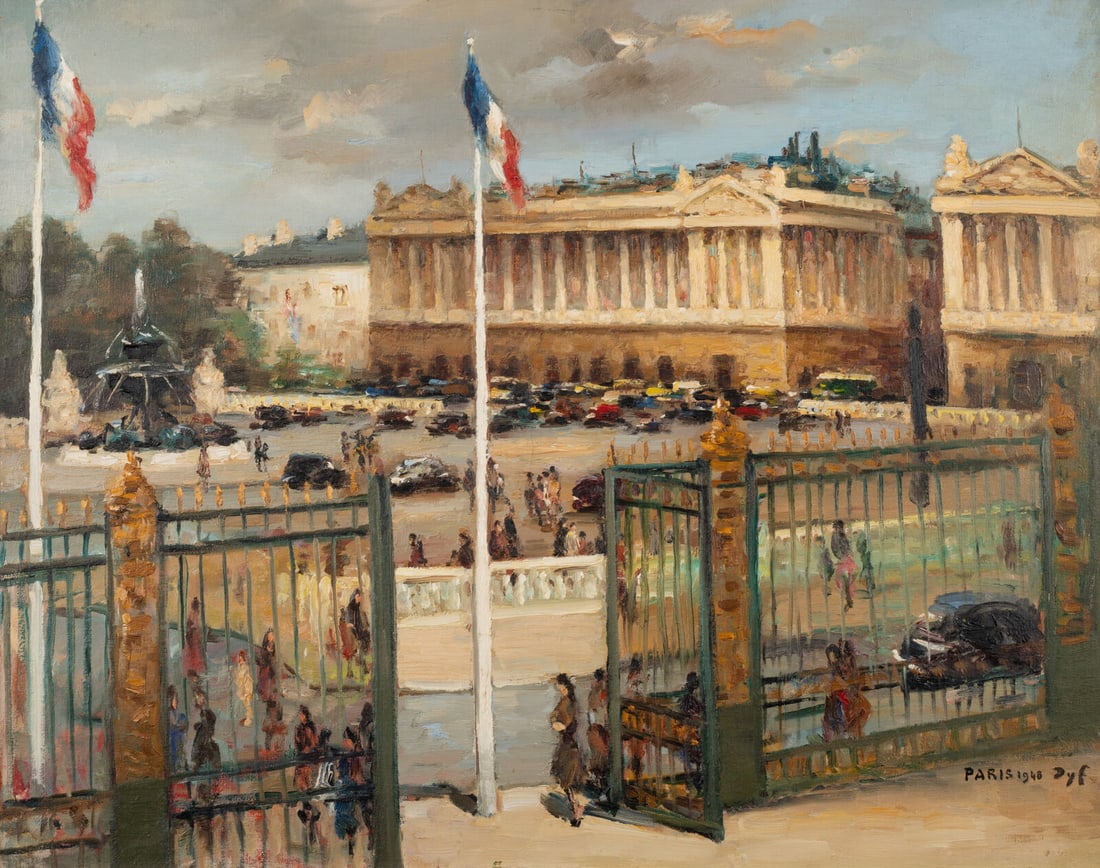 Marcel Dyf (French, 1899-1985) La Place de la Concorde, Paris, 1948: Marcel Dyf (French, 1899-1985) La Place de la Concorde, Paris, 1948 oil on canvas signed Dyf, dated, and inscribed Paris (lower right) 29 x 36 1/4 in. (73 x 92.1cm) This lot is located in Chicago. Not