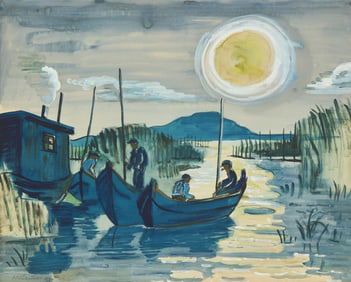 Max Pechstein (German, 1881-1955) Fischer auf dem Gardersee bei Mondlicht (Fishermen on the