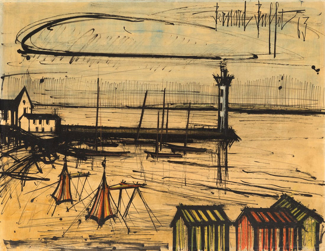 Bernard Buffet (French, 1928-1999) Plage de Bretagne, 1963: Bernard Buffet (French, 1928-1999) Plage de Bretagne, 1963 mixed media on paper laid to board signed Bernard Buffet and dated (upper right) Please note this lot will be on view at Freeman's | Hindman
