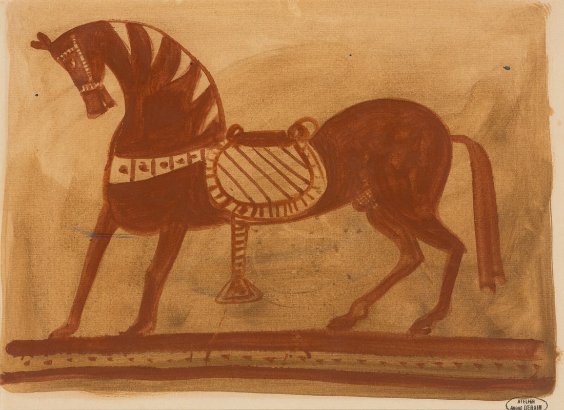 André Derain (French, 1880-1954) Cheval Étrusque, circa 1947: André Derain (French, 1880-1954) Cheval Étrusque, circa 1947 watercolor and wash on paper stamped ATELIER ANDRÉ DERAIN (lower right) 9 3/4 x 12 1/2 in. (24.8 x 31.7 cm.; irregular) Prop