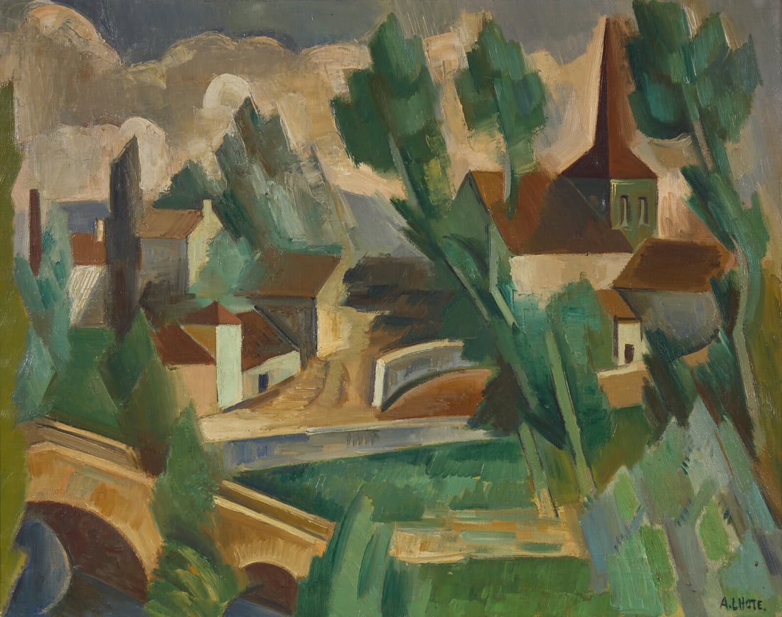 André Lhote (French, 1885-1962) Paysage Français (Le Pont de Vic-sous-Thil, Bourgogne),: André Lhote (French, 1885-1962) Paysage Français (Le Pont de Vic-sous-Thil, Bourgogne), 1921 oil on canvas signed A.Lhote. (lower right) Please note this lot will be on view at Freeman's | H