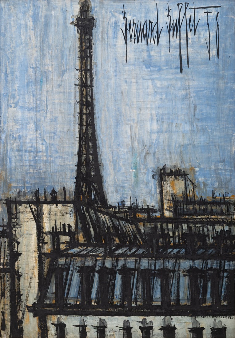 Bernard Buffet (French, 1928-1999) La Tour Eiffel, 1958: Bernard Buffet (French, 1928-1999) La Tour Eiffel, 1958 oil on canvas signed and dated (top right); also with Galerie David & Garnier stamp (verso) Please note this lot will be on view at Freeman'