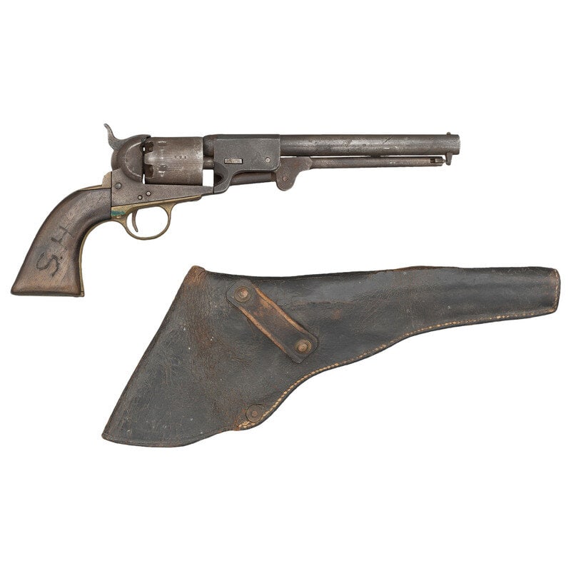 "Leech & Rigdon" Marked Replica Percussion Revolver & Period Holster : "Leech & Rigdon" Marked Replica Percussion Revolver & Period Holster American Civil War .36 caliber. 7.5" octagon to round barrel. SN: 258. No finish, brass backstrap and triggerguard, smooth