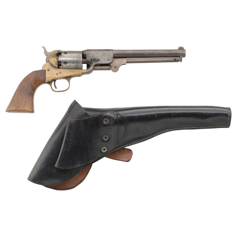 Replica Griswold & Grier Revolver with Holster: Replica Griswold & Grier Revolver with Holster .36 Cal. 7.5" barrel length. SN: 4562. Blued metal finish with brass frame and gripstraps mounting one piece walnut grips and half moon front blade a