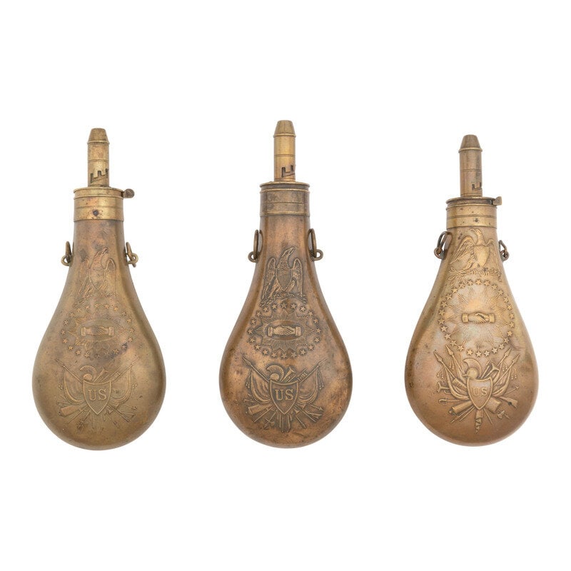 Three US Rifleman's "Peace Flasks" by Batty & Ames: Three US Rifleman's "Peace Flasks" by Batty & Ames Mexican American War 1) Peace Flask by Batty. Dated 1850 on the lid. C sub-inspection on the collar. Nominally 8"x4.25", not including the spout