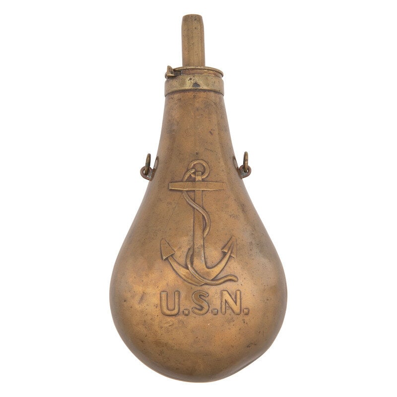 Rare Ames Fouled Anchor Naval Powder Flask: Rare Ames Fouled Anchor Naval Powder Flask Mexican American War Nominally 9.5" in overall length, including the spout, with a nominally 8"x5" two piece stamped brass body, about 2.5" thick, embossed w