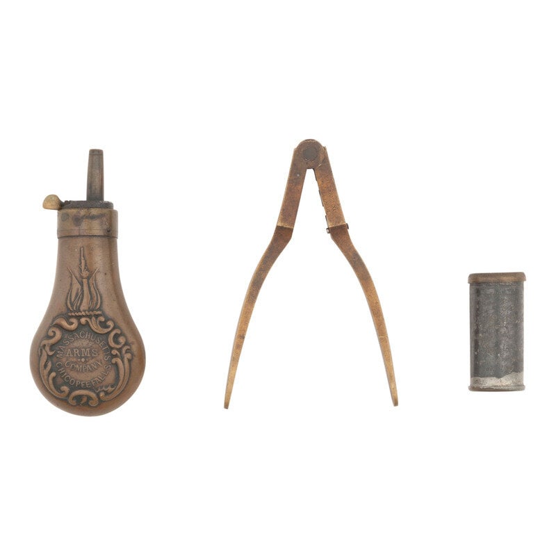Mass Arms Maynard Primed Revolver Accessories: Mold, Flask & Primer Tapes: Mass Arms Maynard Primed Revolver Accessories: Mold, Flask & Primer Tapes American Civil War Accessories for a cased Mass Arms Maynard Primed Pocket or Belt Revolver, including: 1) Mass Arms Compa
