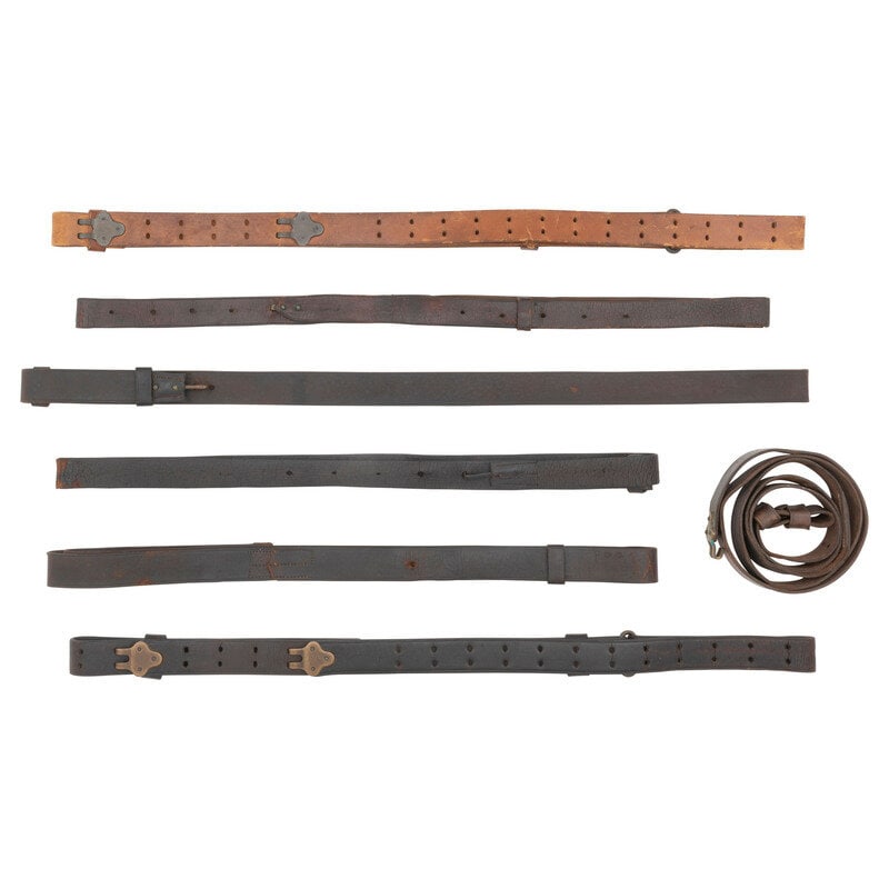 Group of Seven Civil War through WWII US Military Slings: Group of Seven Civil War through WWII US Military Slings Civil War through WWII 1) US M1907 Sling of tan leather with brass furniture, marked MILSCO/1944. About Good with a repaired break in the sling