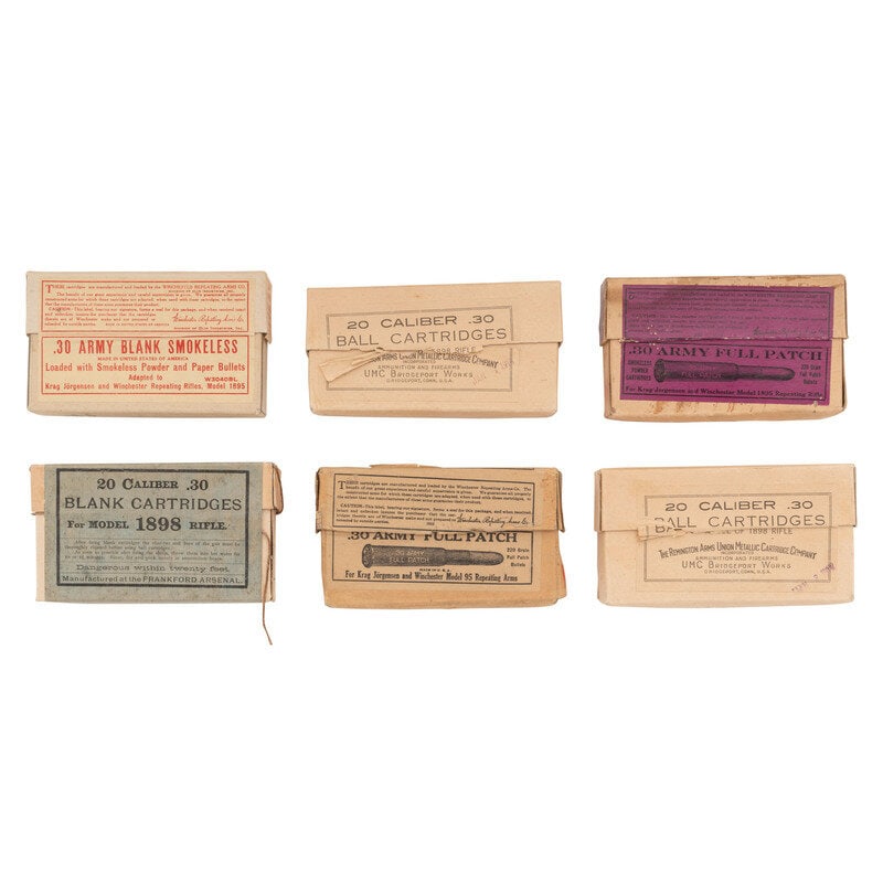 Lot of .30-40 Krag Ammunition in Original Boxes both Ball & Blanks: Lot of .30-40 Krag Ammunition in Original Boxes both Ball & Blanks Spanish American War 1) Opened full box of 20 Remington UMC .30-40 Krag cartridges dated January 8, 1918. 2) Opened full box of 2